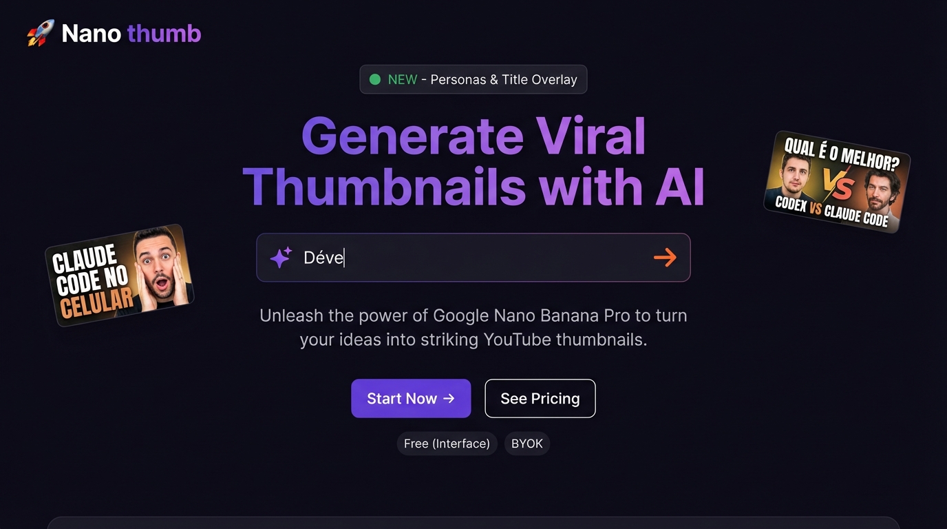 Screenshot do projeto Nano Thumb - Gerador de thumbnails virais para YouTube com IA. Transforme